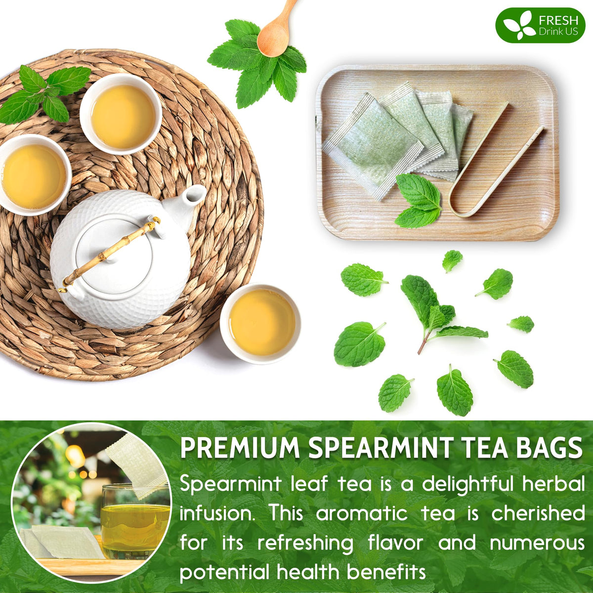 FreshDrinkUS caffeine-free spearmint tea inspires a relaxing break.