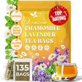 FreshDrinkUS chamomile lavender tea bags showcase pure herbal blend for soothing moments.