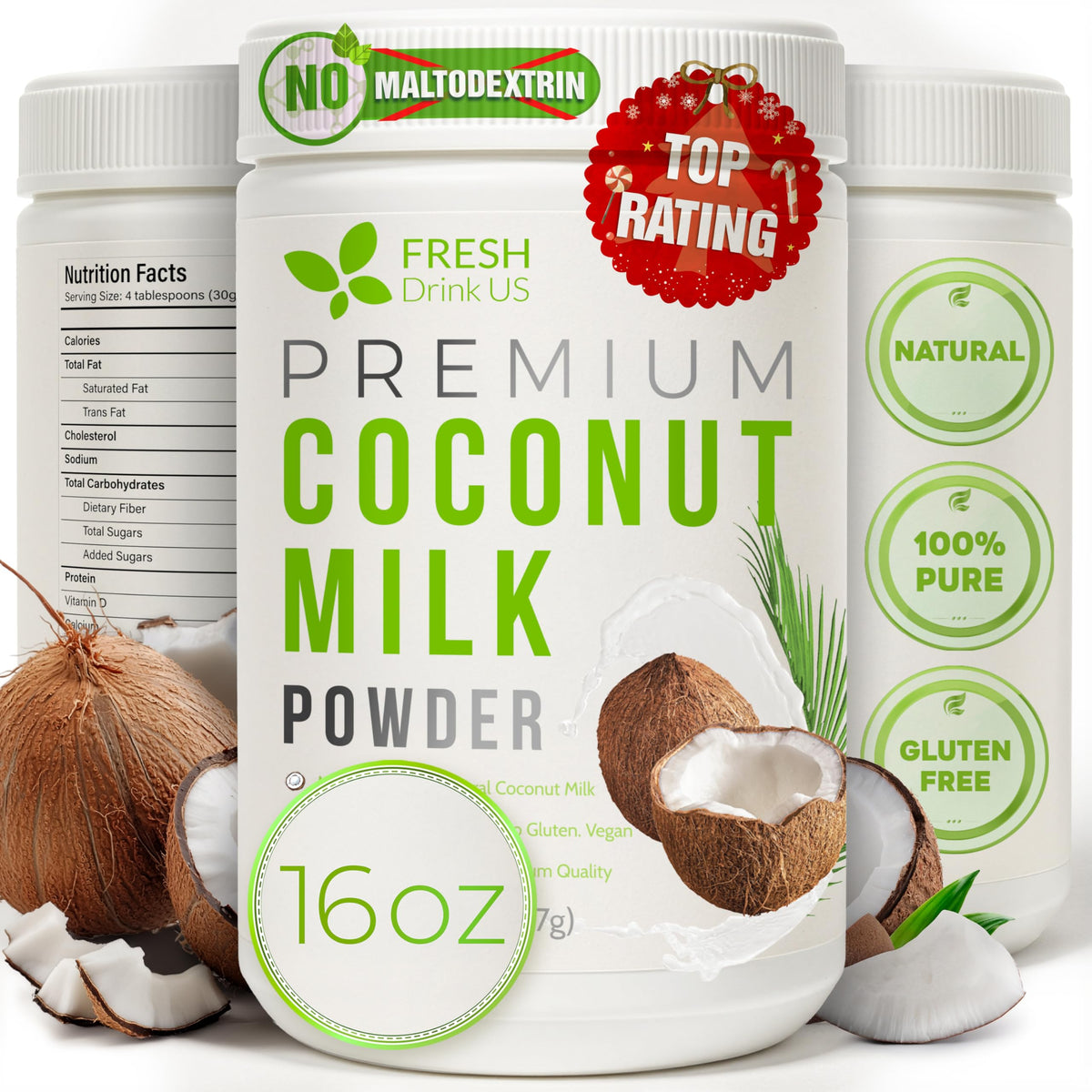 FreshDrinkUS coconut milk powder in a resealable jar for fresh flavor.