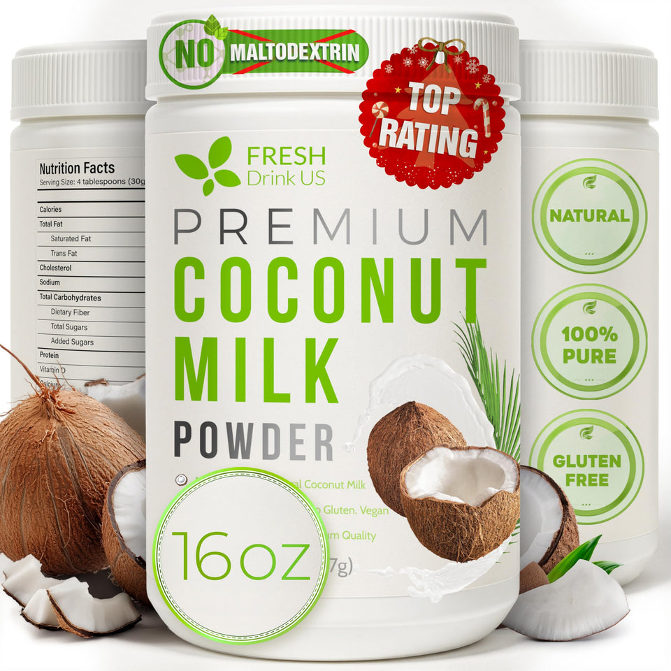 FreshDrinkUS coconut milk powder in a resealable jar for fresh flavor.