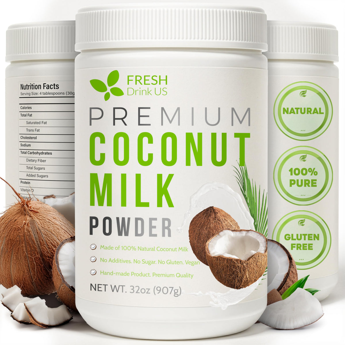 FreshDrinkUS coconut milk powder jar on shelf, creamy flavor ready for recipes.