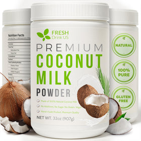 FreshDrinkUS coconut milk powder jar on shelf, creamy flavor ready for recipes.