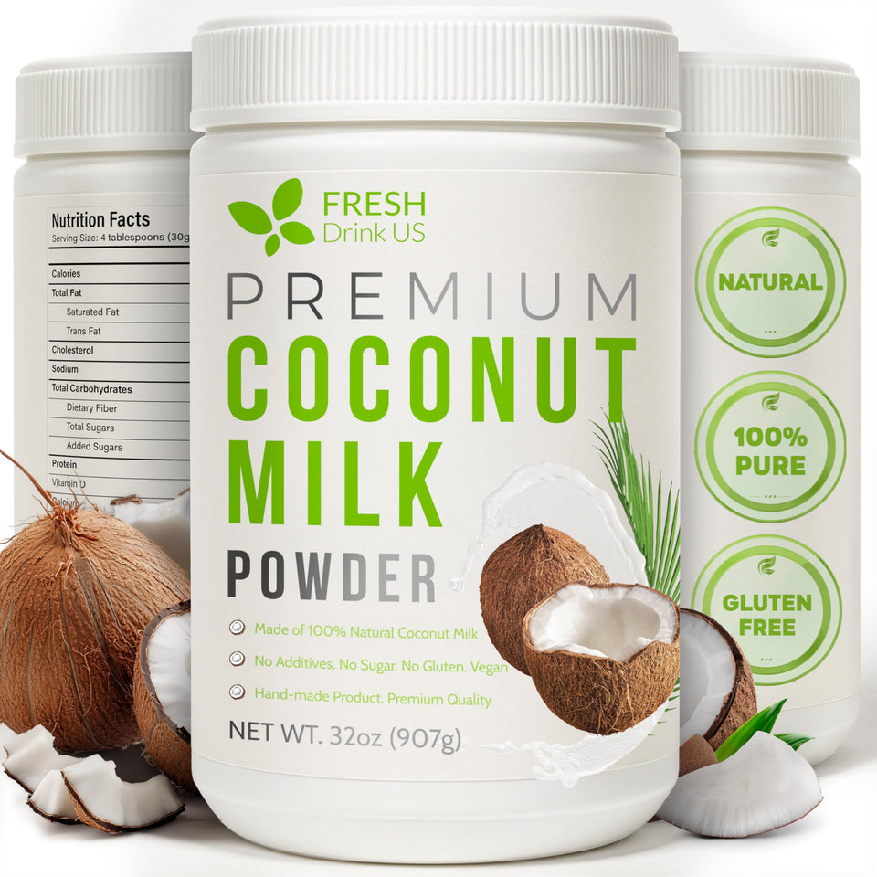 FreshDrinkUS coconut milk powder jar on shelf, creamy flavor ready for recipes.