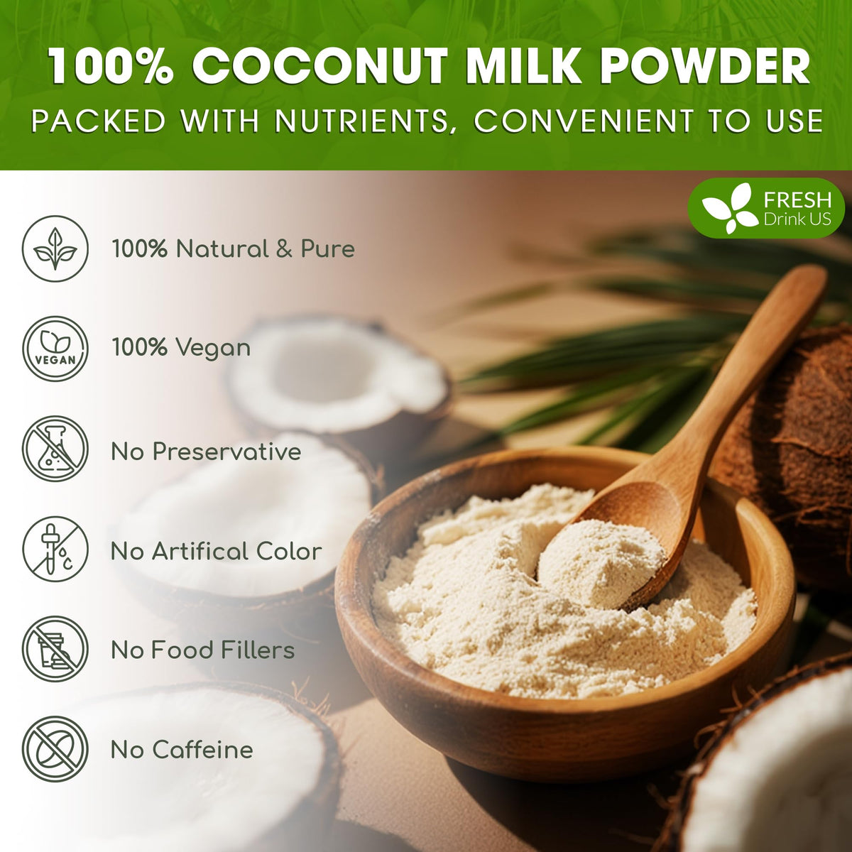 FreshDrinkUS coconut milk powder being poured into a glass with smooth texture.