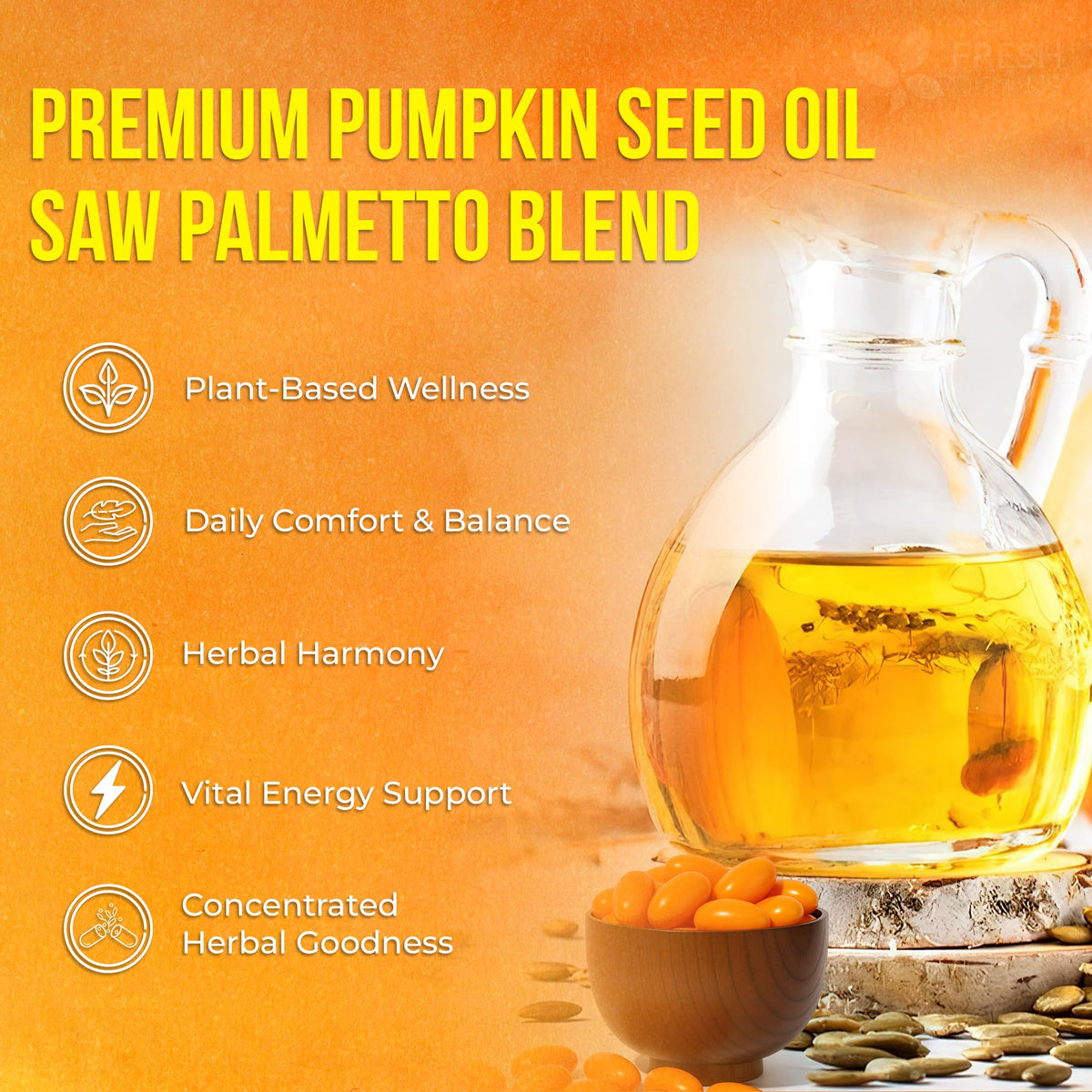 FreshDrinkUS cold-pressed pumpkin seed oil label emphasizing pure virgin oil.