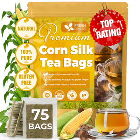 FreshDrinkUS corn silk tea bags 75-count package, caffeine-free and vegan.
