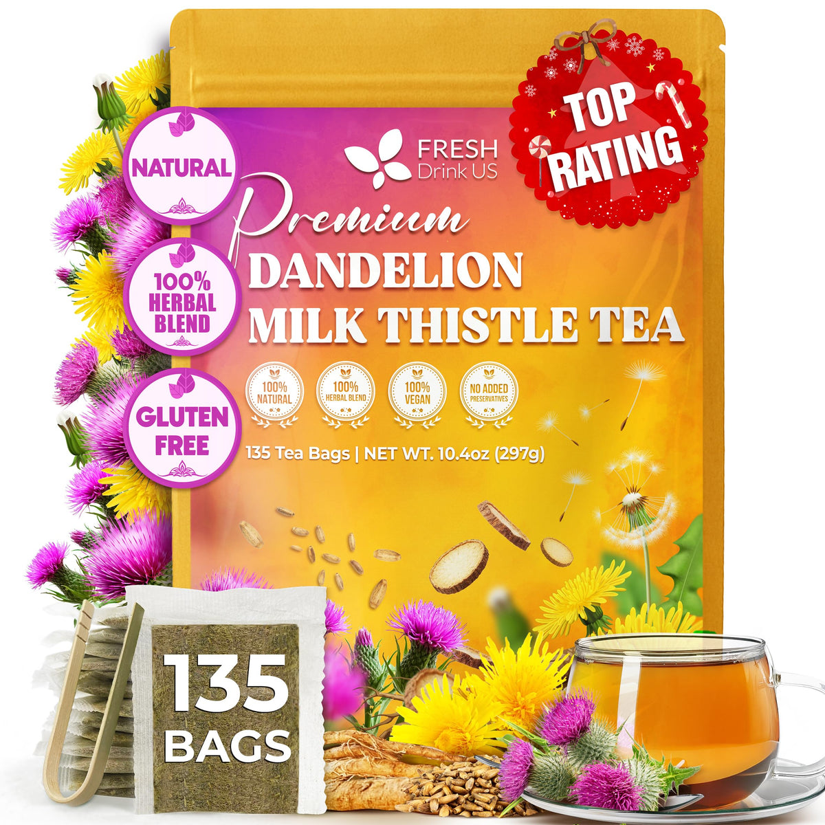 FreshDrinkUS dandelion-milk-thistle tea bags in box, caffeine-free daily ritual