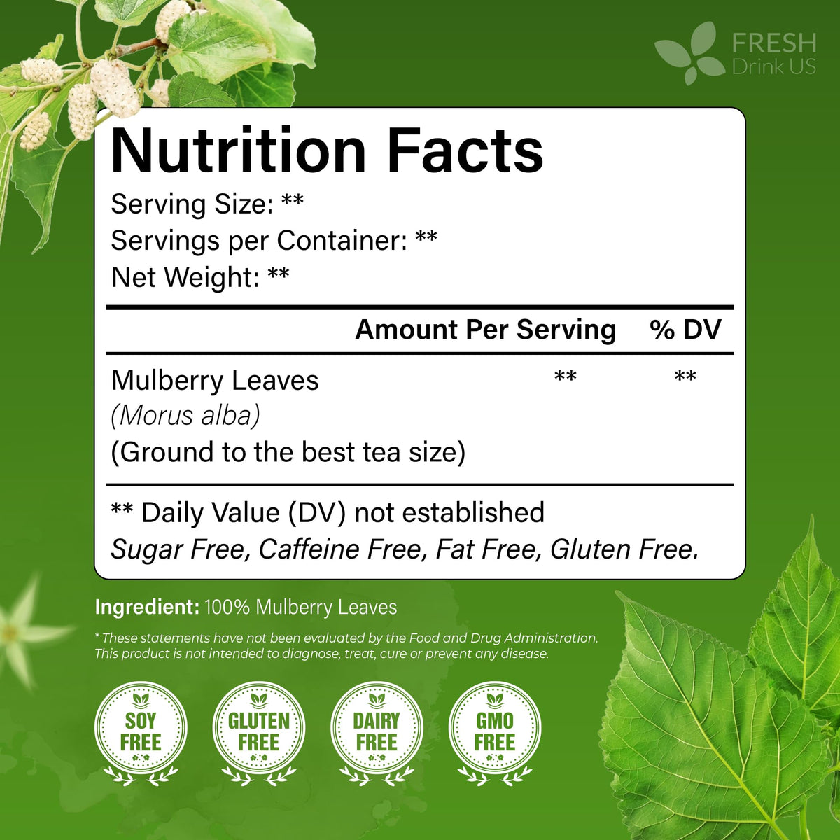 FreshDrinkUS dried mulberry leaves close-up, showcasing natural aroma and antioxidant-rich profile