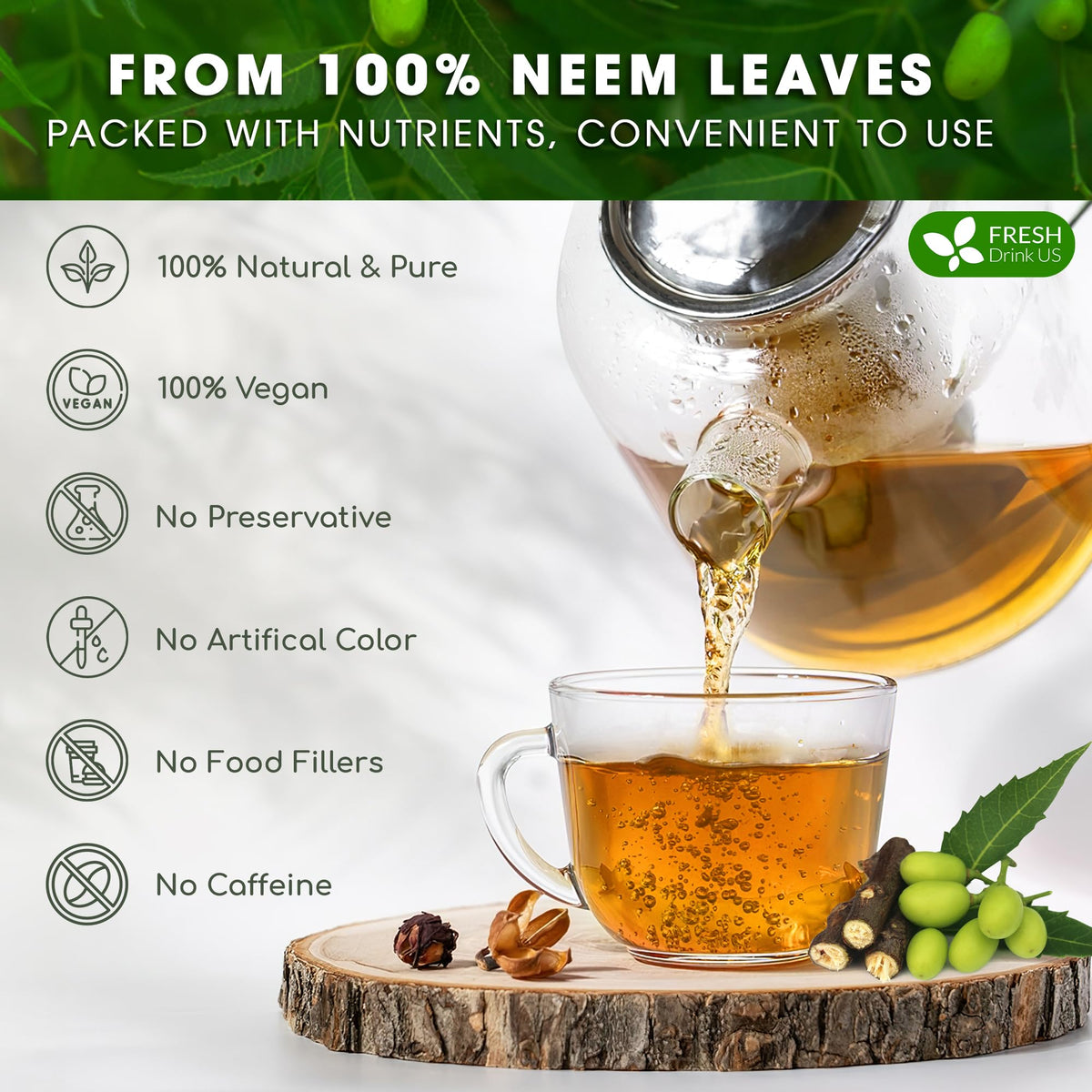Dried neem leaves from FreshDrinkUS ready for premium tea infusion.