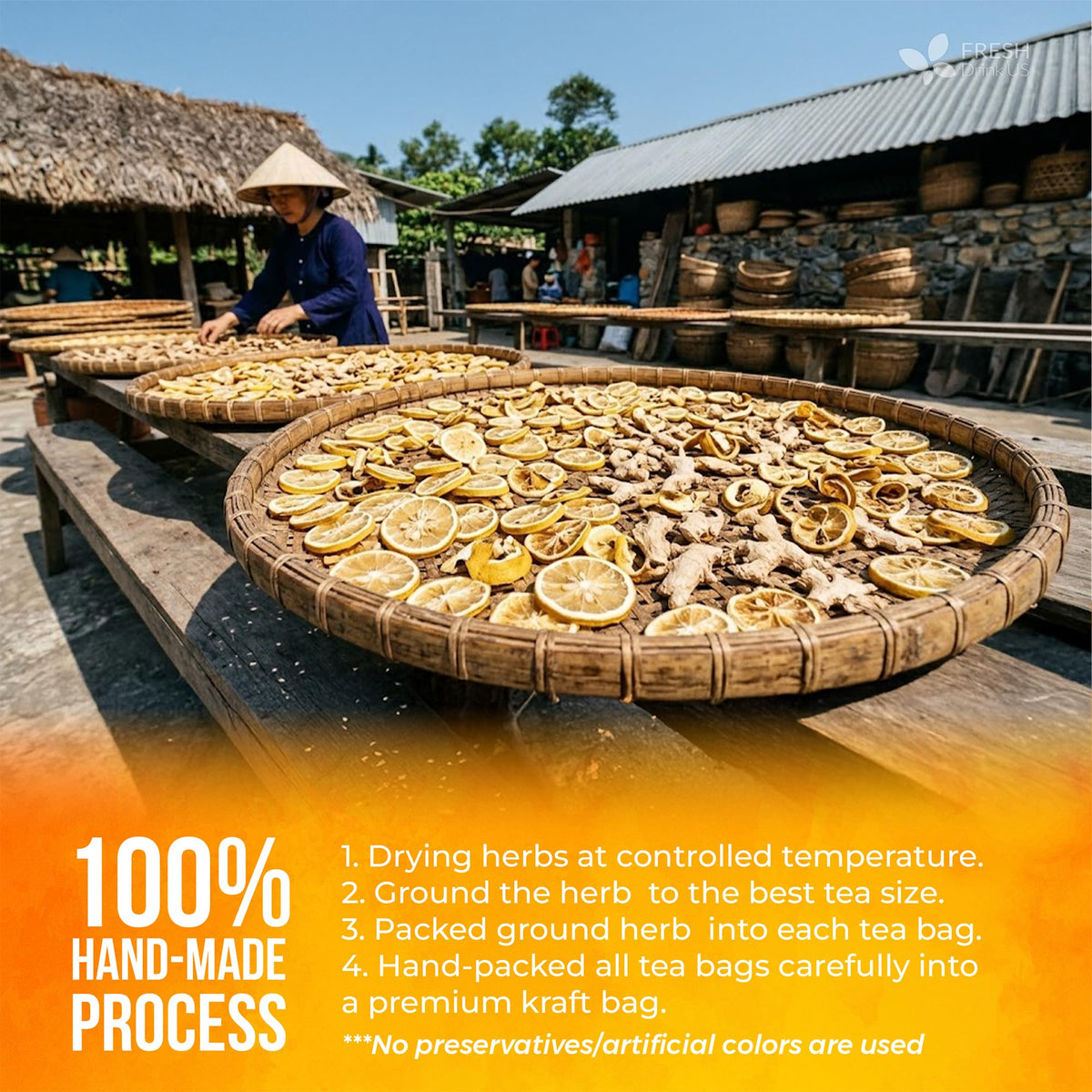FreshDrinkUS farm-to-cup process illustration emphasizing ethical farming
