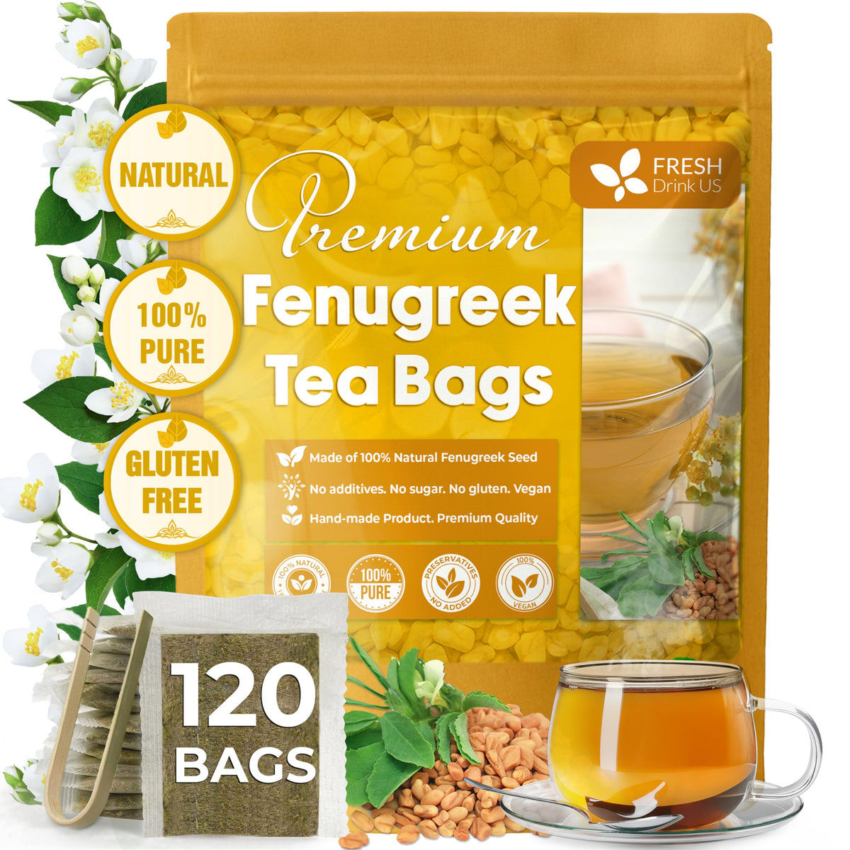 FreshDrinkUS fenugreek tea bags in box, pure herbal infusion for relaxation.