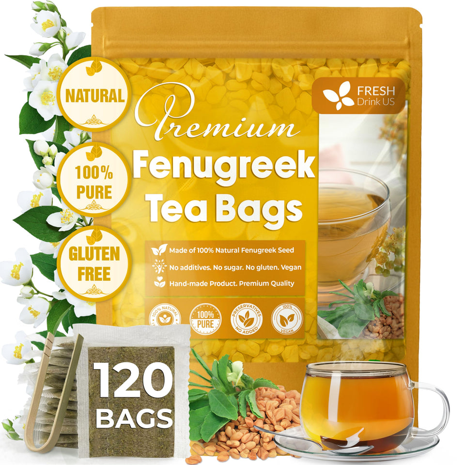 FreshDrinkUS fenugreek tea bags in box, pure herbal infusion for relaxation.