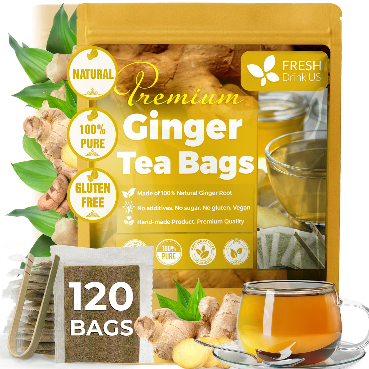 FreshDrinkUS ginger tea bags pack, 120-count, convenient caffeine-free brewing.