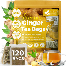 FreshDrinkUS ginger tea bags pack, 120-count, convenient caffeine-free brewing.