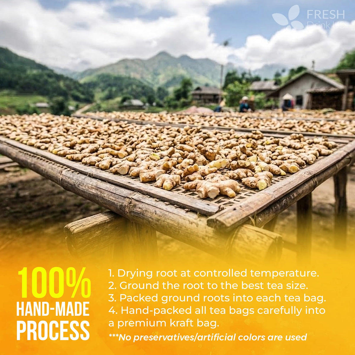 FreshDrinkUS ginger tea bags steeping ritual fills the kitchen with aroma.