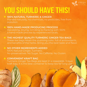FreshDrinkUS ginger turmeric tea bags closeup showing natural ingredients