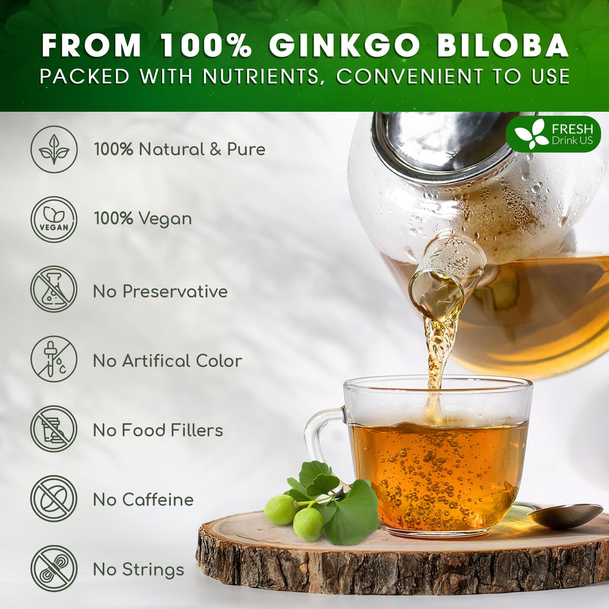 FreshDrinkUS Ginkgo tea bag brew demonstrates easy steeping for a calm moment
