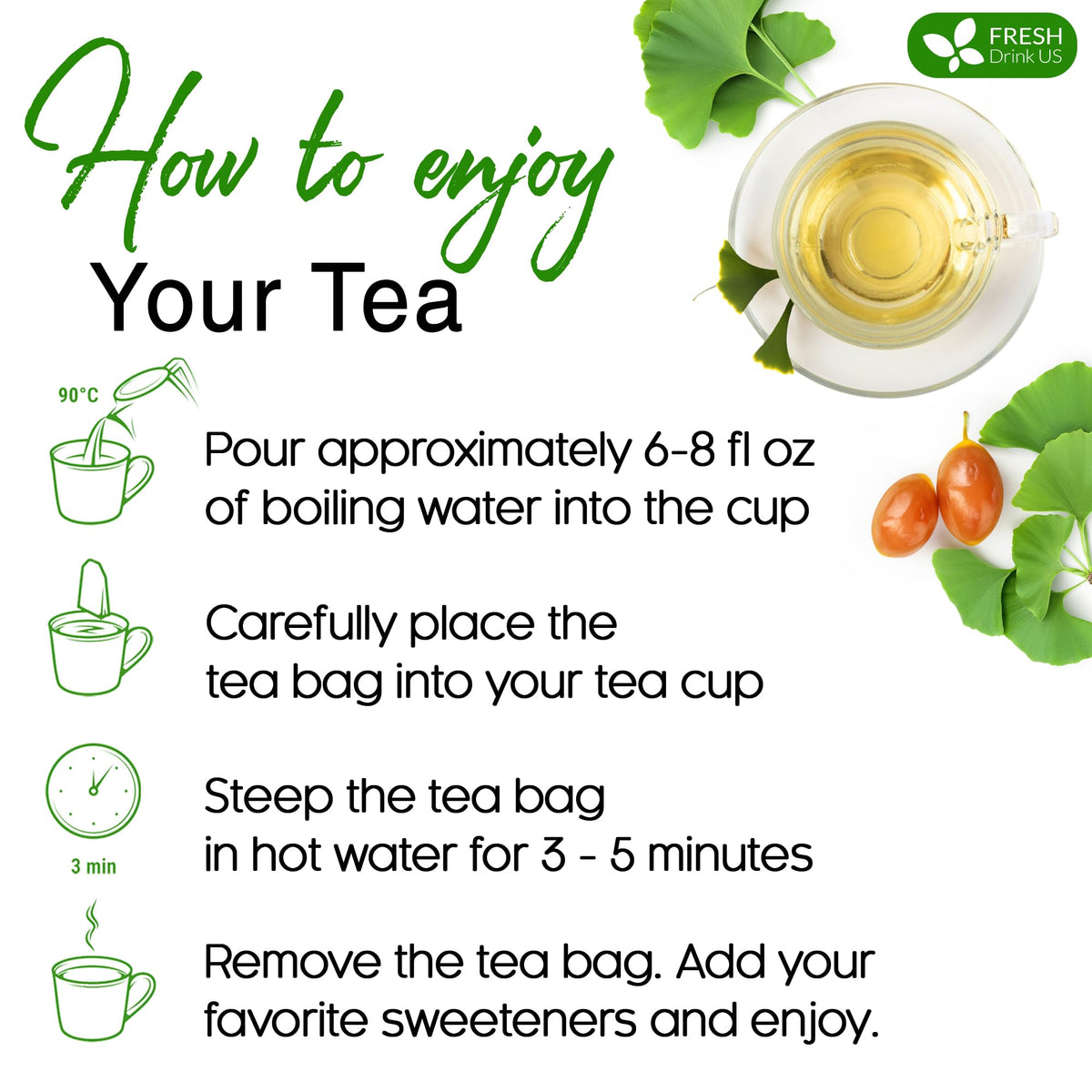 FreshDrinkUS Ginkgo tea bag eco-friendly option supports vegan and gluten-free diets