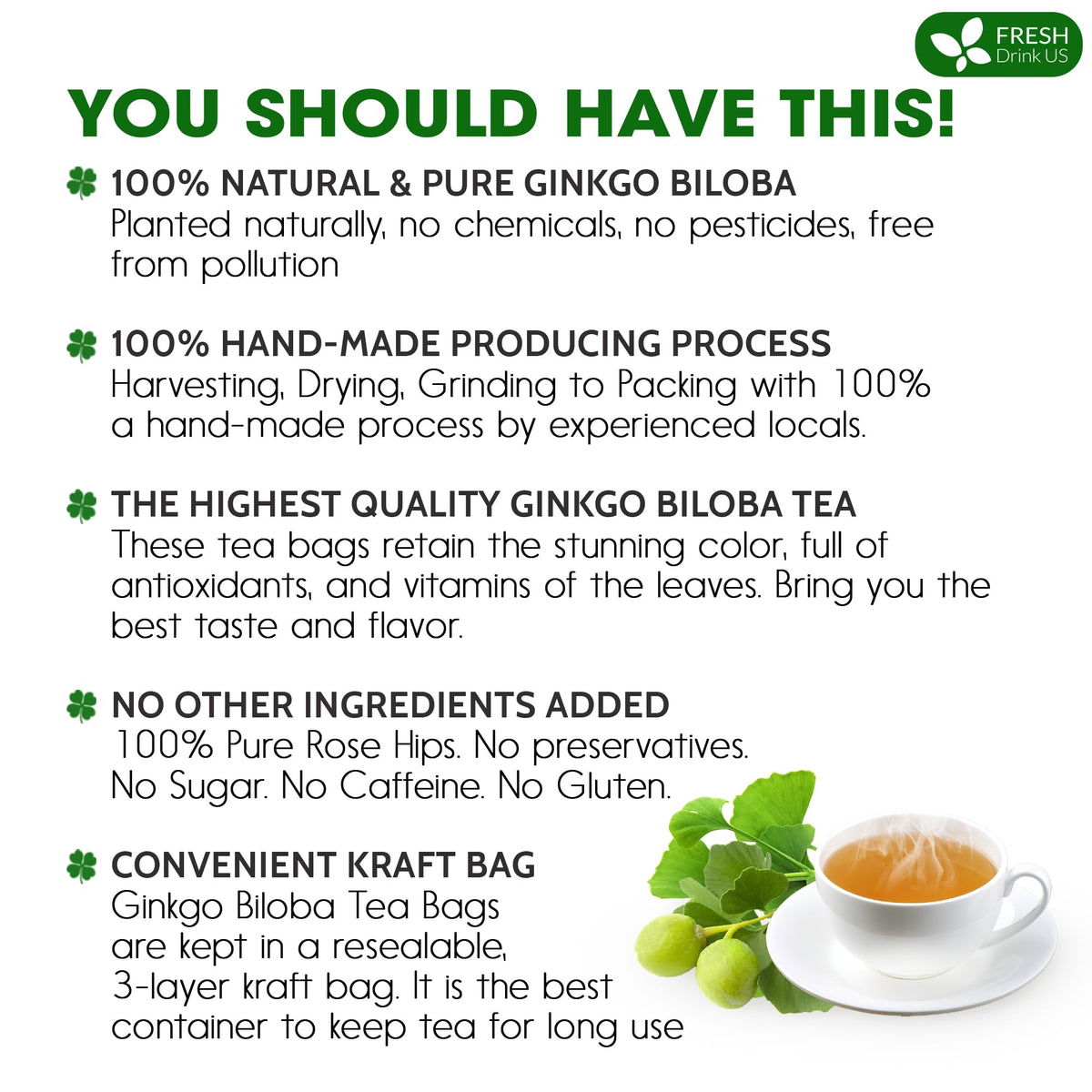 FreshDrinkUS Ginkgo tea bag packaging highlights eco-conscious packaging and convenience