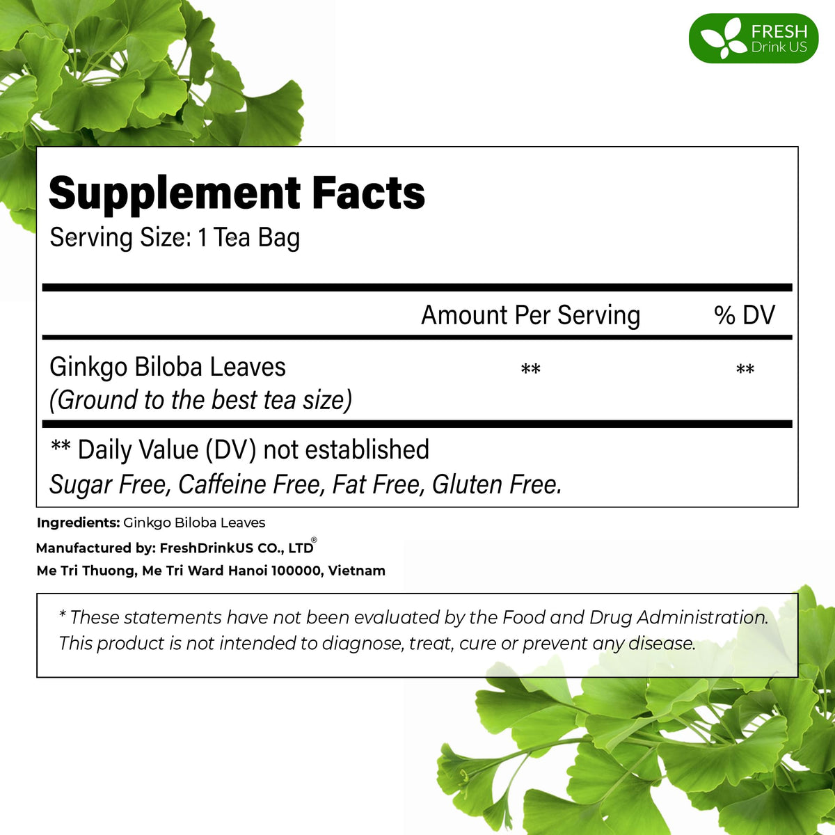 FreshDrinkUS Ginkgo tea bag simple brew spotlights quick, caffeine-free ritual