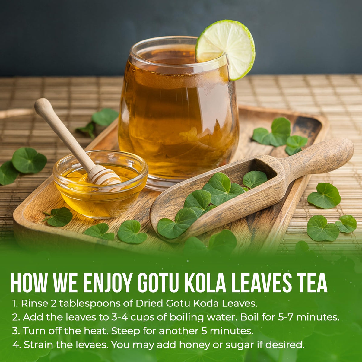 FreshDrinkUS gotu kola leaves in infuser illustrate simple loose-leaf brewing.