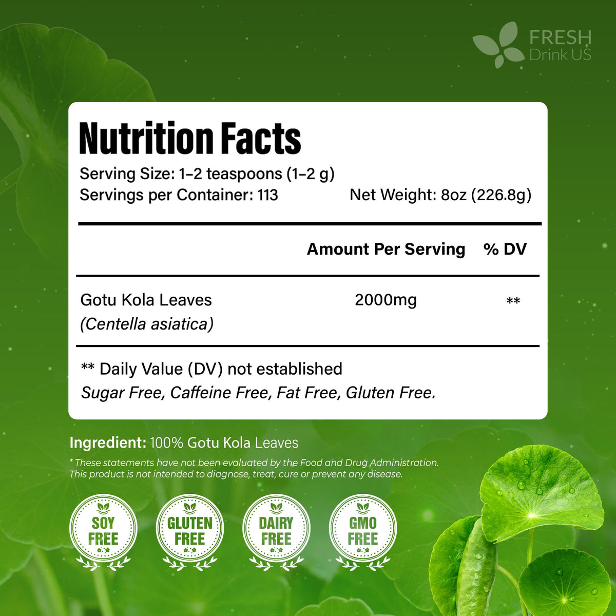 FreshDrinkUS gotu kola leaves packaging highlights sustainably sourced, high-quality leaves.