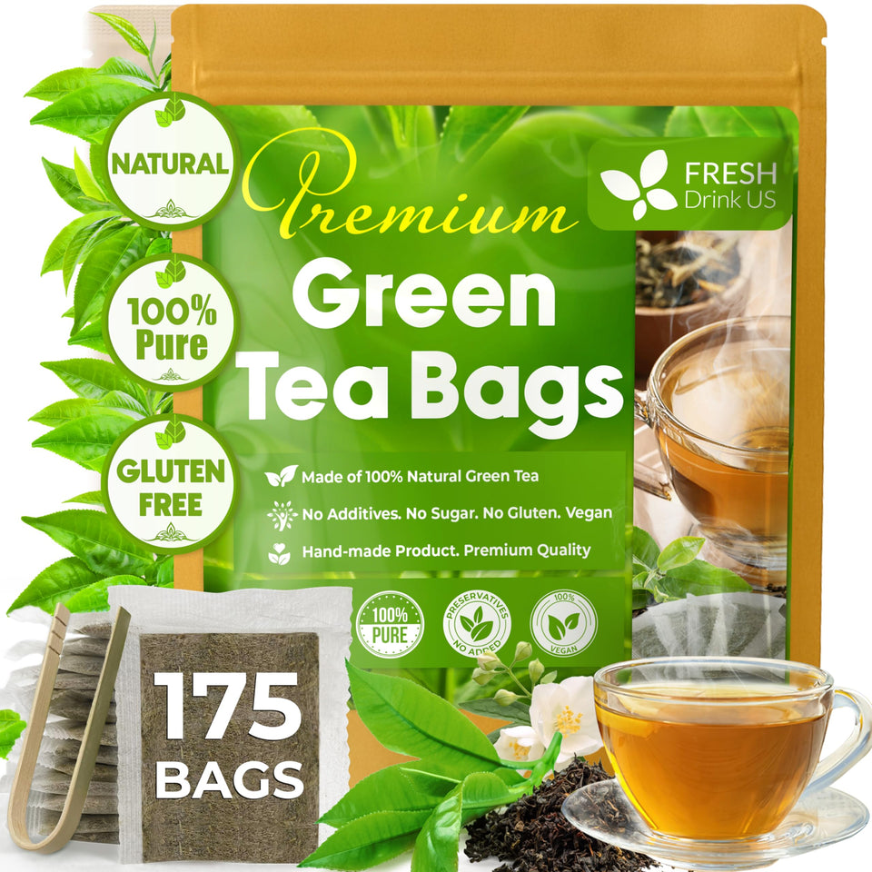 FreshDrinkUS green tea bags in eco-friendly packaging.
