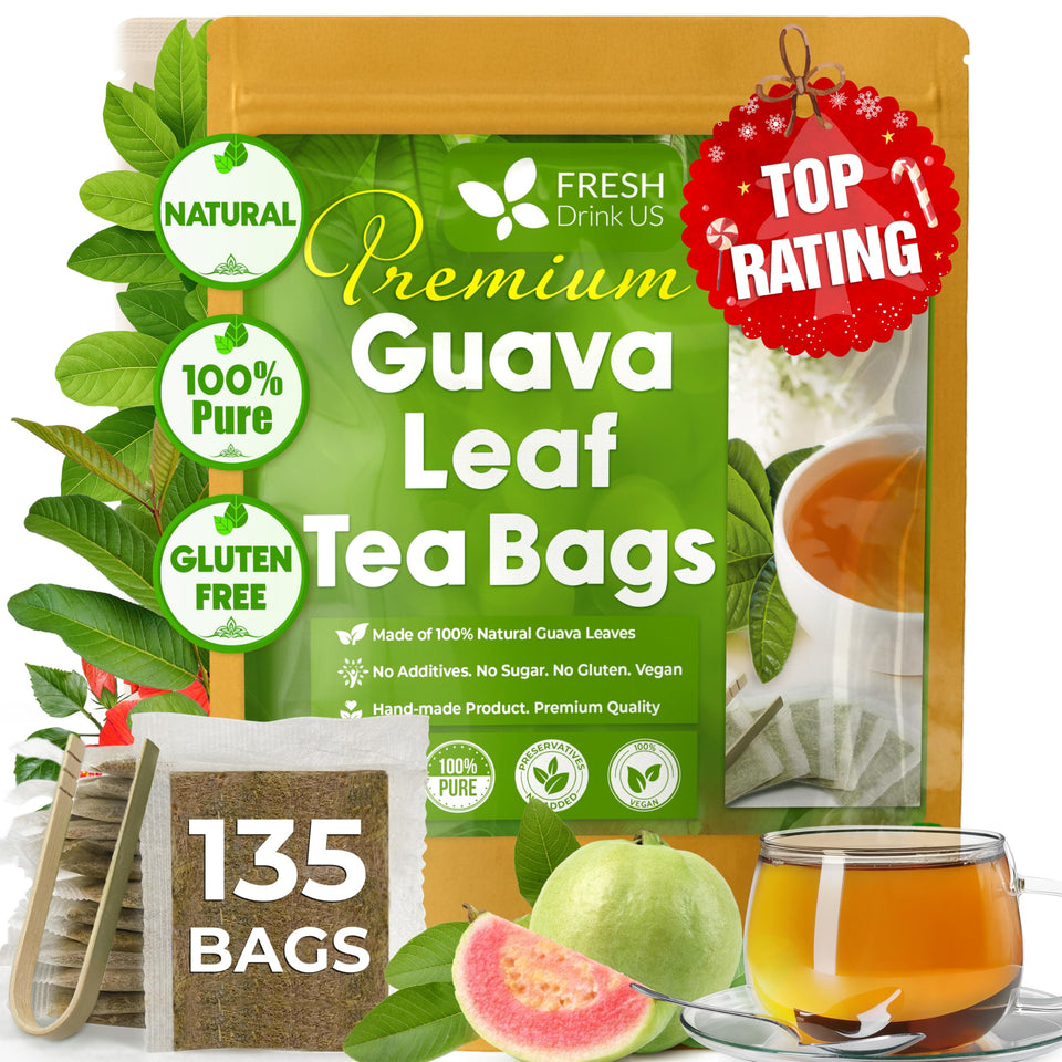 FreshDrinkUS Guava Leaf Tea Bags box front, natural and caffeine-free.