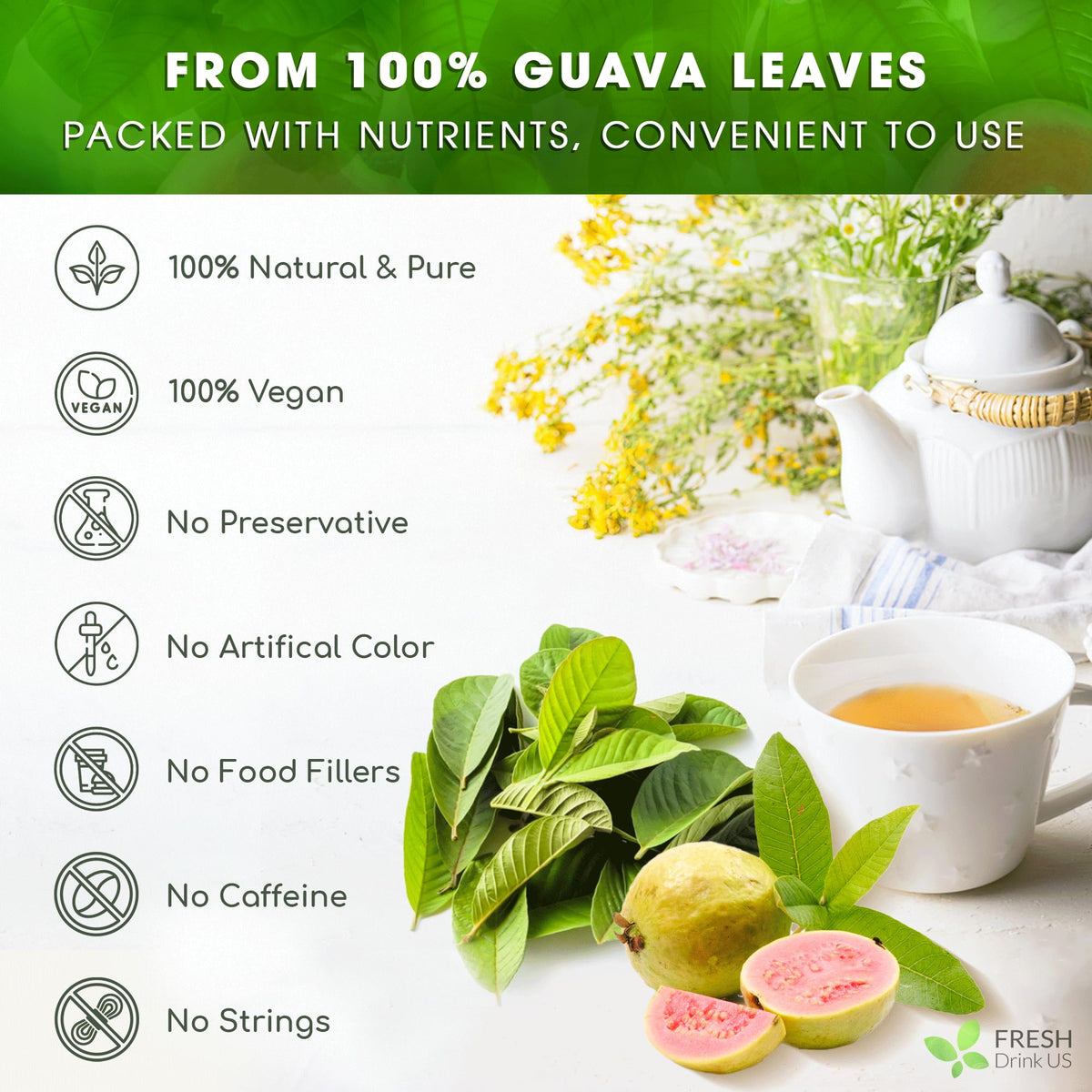 FreshDrinkUS Guava Leaf Tea Bags stacked for a pure, natural brew.