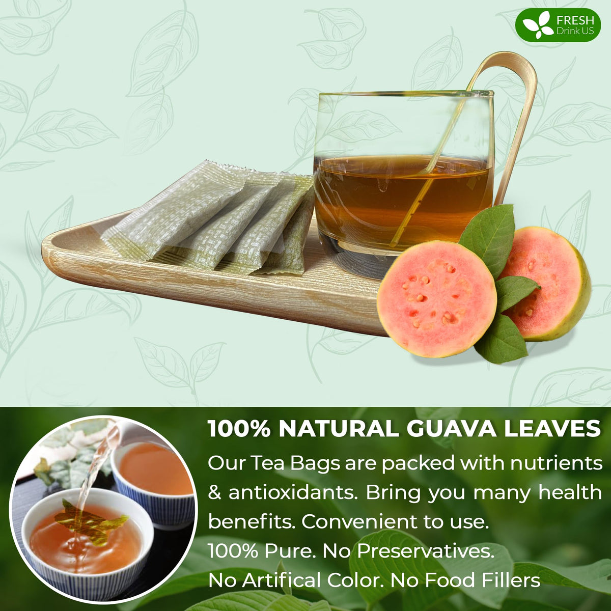 FreshDrinkUS Guava Leaves close-up showing natural origin.