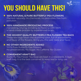 FreshDrinkUS handmade butterfly pea tea processing emphasizes pure, sun-dried flavor.