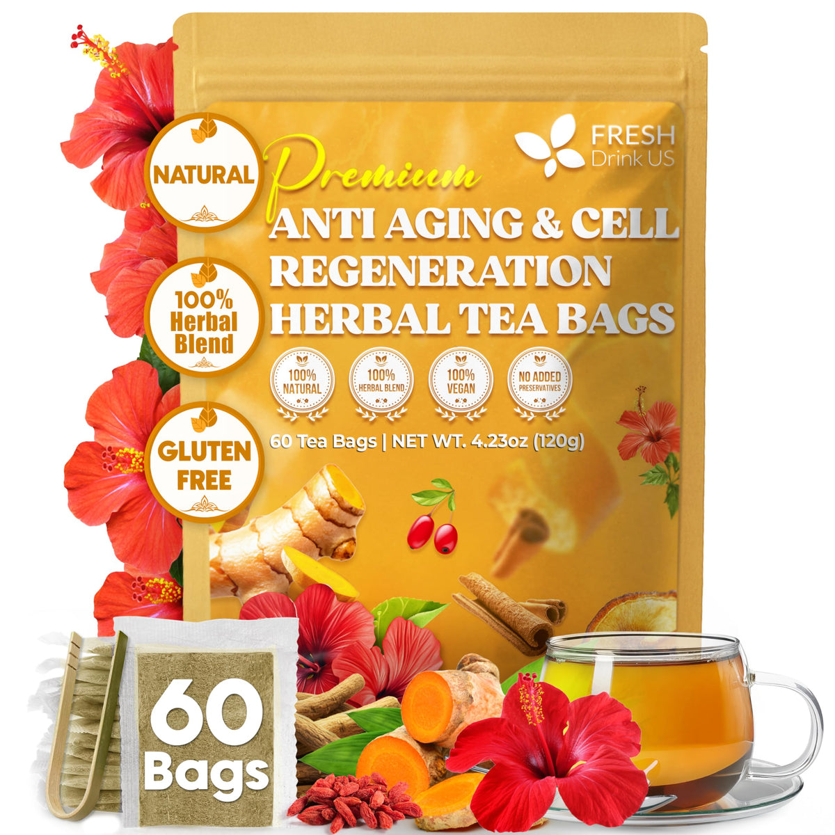 FreshDrinkUS Harmony Tea bags pack for quick, caffeine-free daily brewing