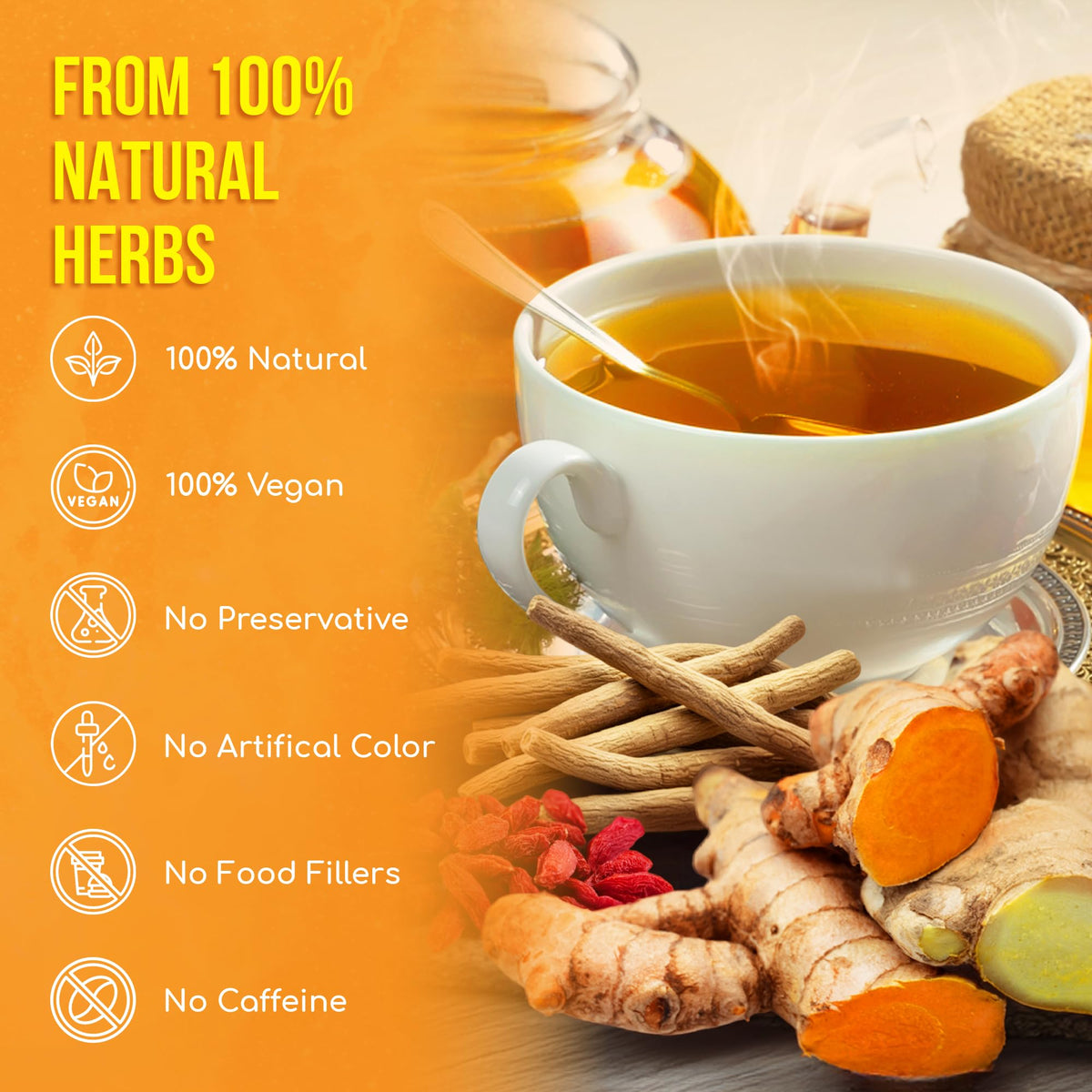 FreshDrinkUS Harmony Tea ingredients turmeric hibiscus ashwagandha showcased, highlighting natural botanicals