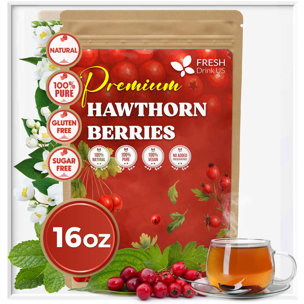 FreshDrinkUS hawthorn berries 16oz bag ready for tea, baking, or snacking.