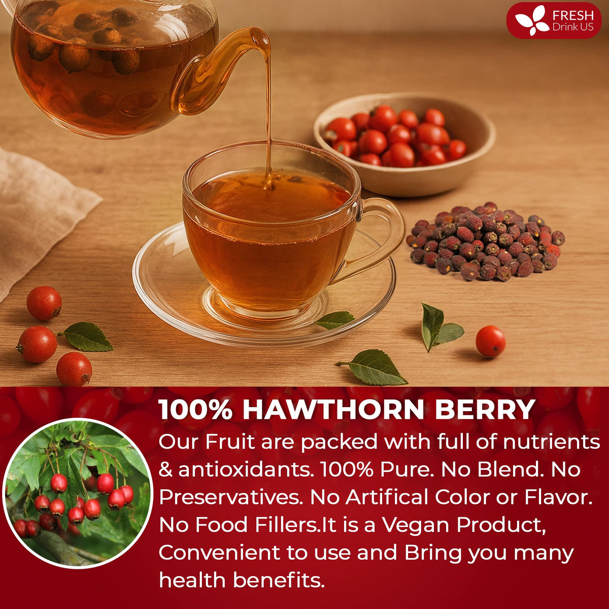 FreshDrinkUS hawthorn tea infusion for a fragrant, fruity brew.