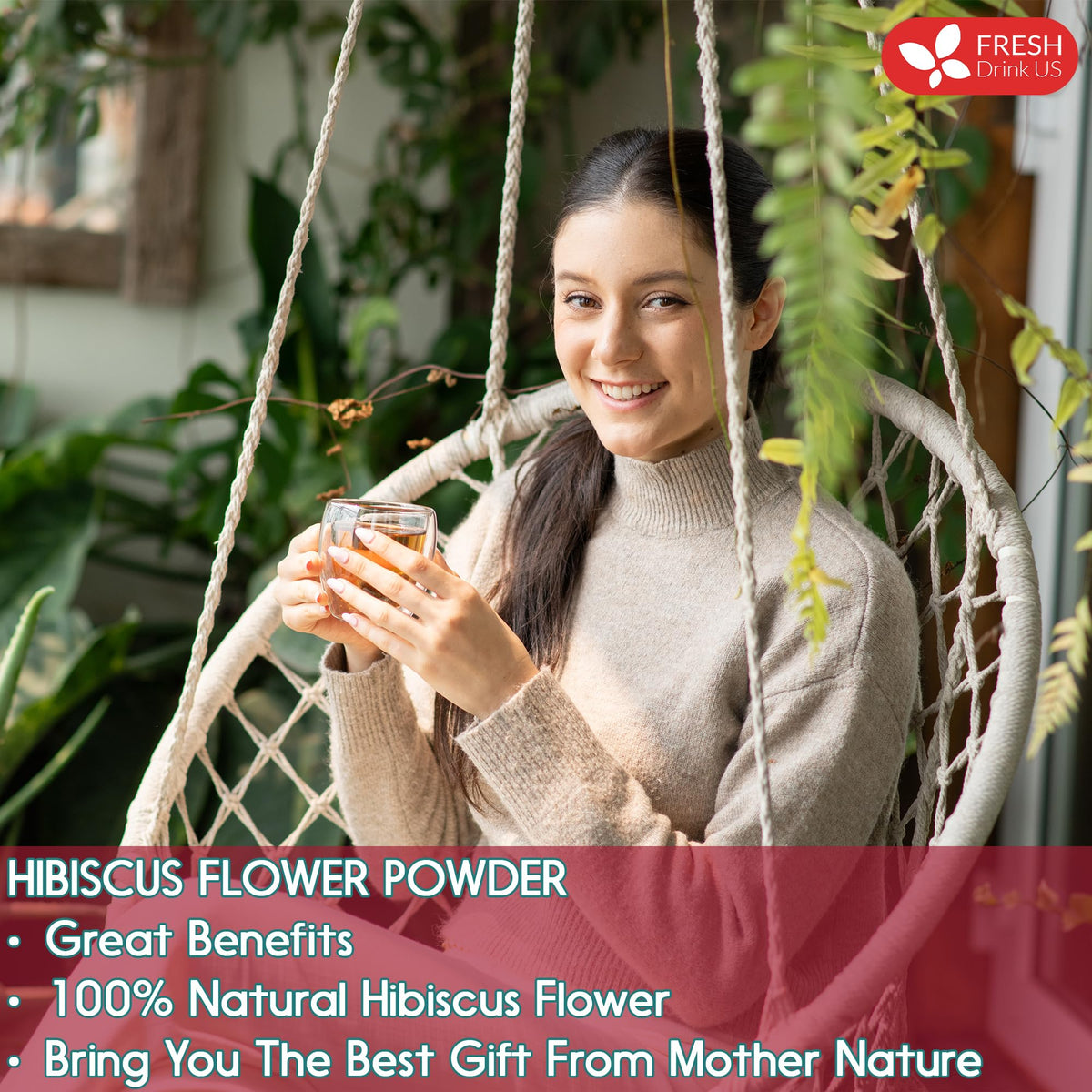 FreshDrinkUS hibiscus aroma closeup highlights a calming, caffeine-free experience.