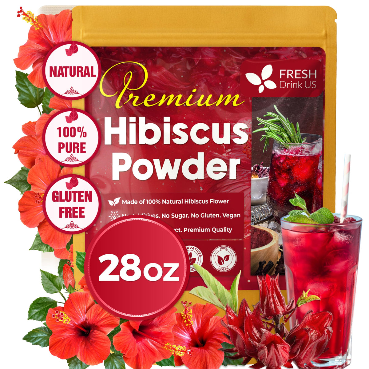 FreshDrinkUS hibiscus powder jar enhances color and natural flavor in foods.