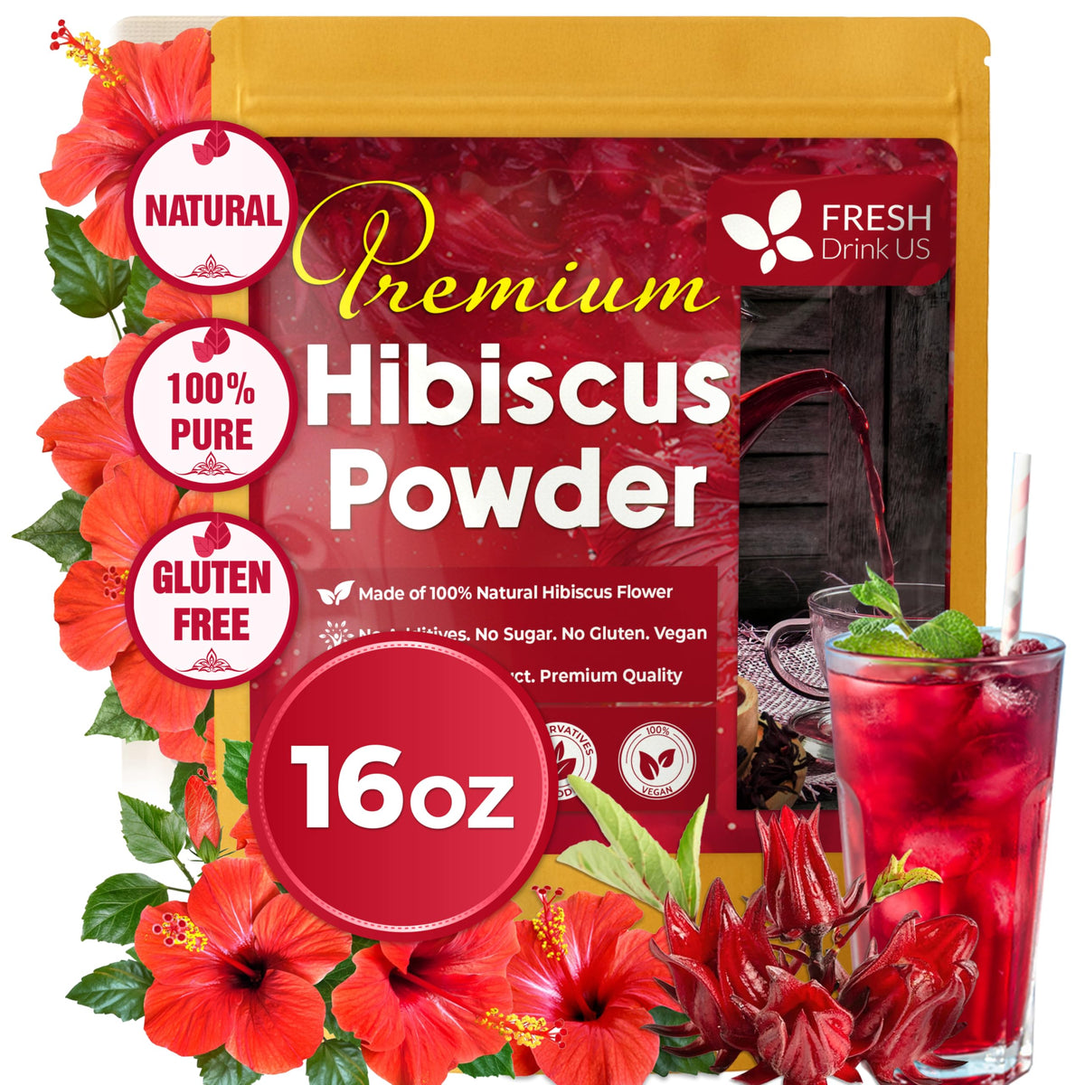 FreshDrinkUS hibiscus powder packaging preserves freshness for convenient storage.