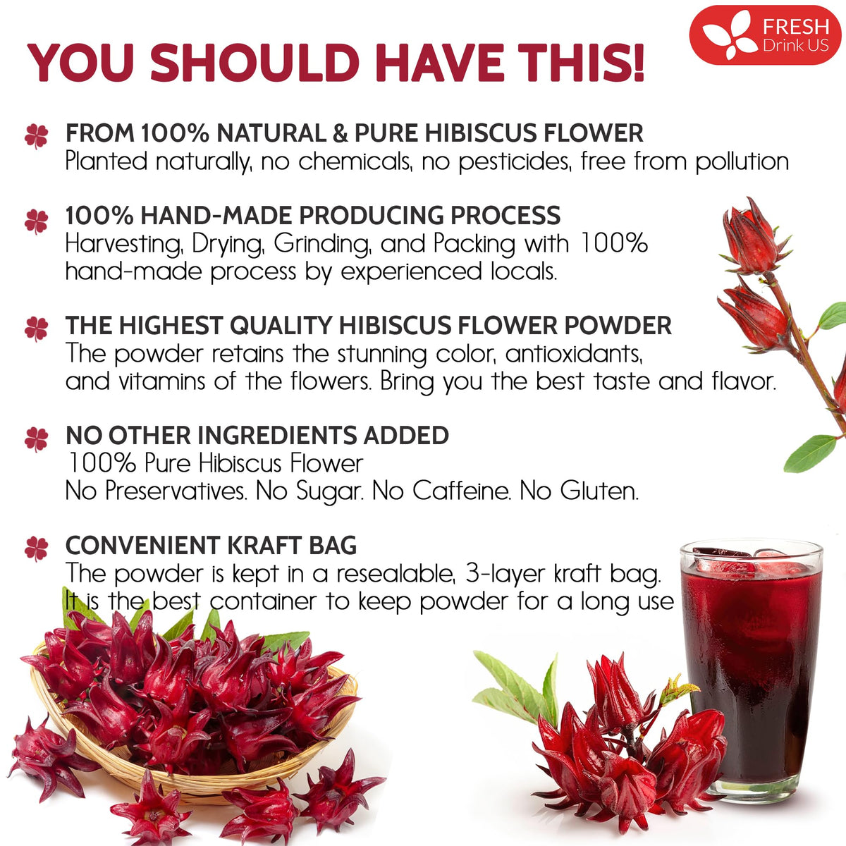 FreshDrinkUS hibiscus powder pouring showcases easy use in drinks and desserts.