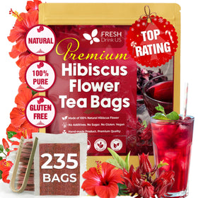 FreshDrinkUS hibiscus tea bag close-up showing natural flowers for a vibrant infusion.