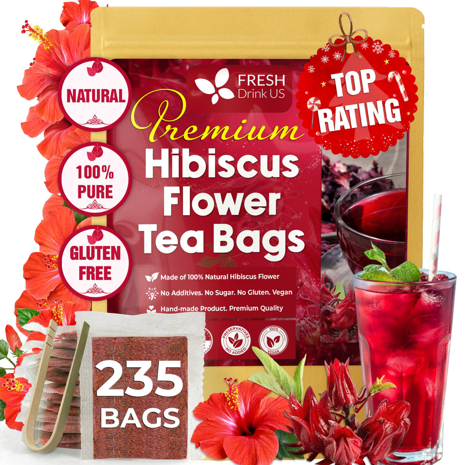FreshDrinkUS hibiscus tea bag close-up showing natural flowers for a vibrant infusion.
