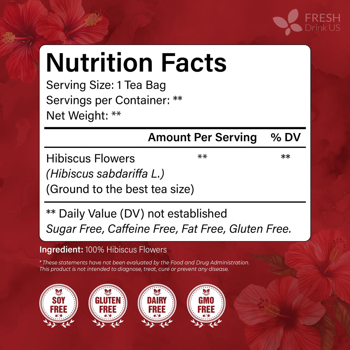 FreshDrinkUS hibiscus tea bags close-up with vibrant petals