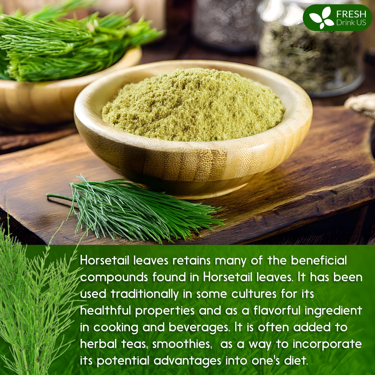 Closeup of FreshDrinkUS horsetail powder packaging for easy access.