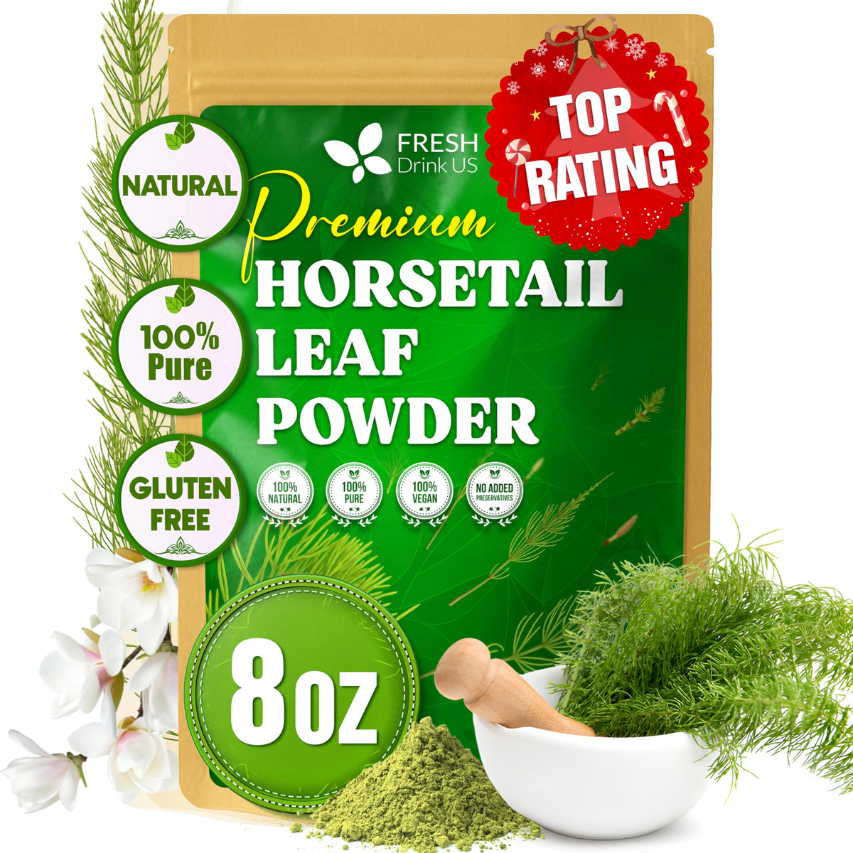 FreshDrinkUS horsetail powder pouch preserves freshness for tea and smoothies.
