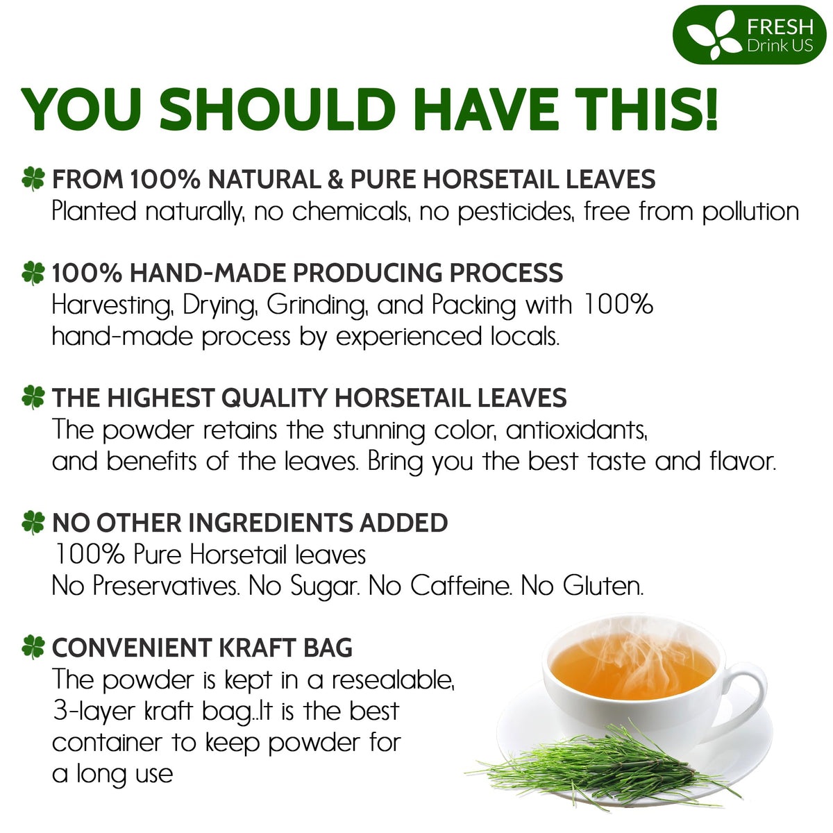 FreshDrinkUS horsetail powder with scoop enables easy, measured use.