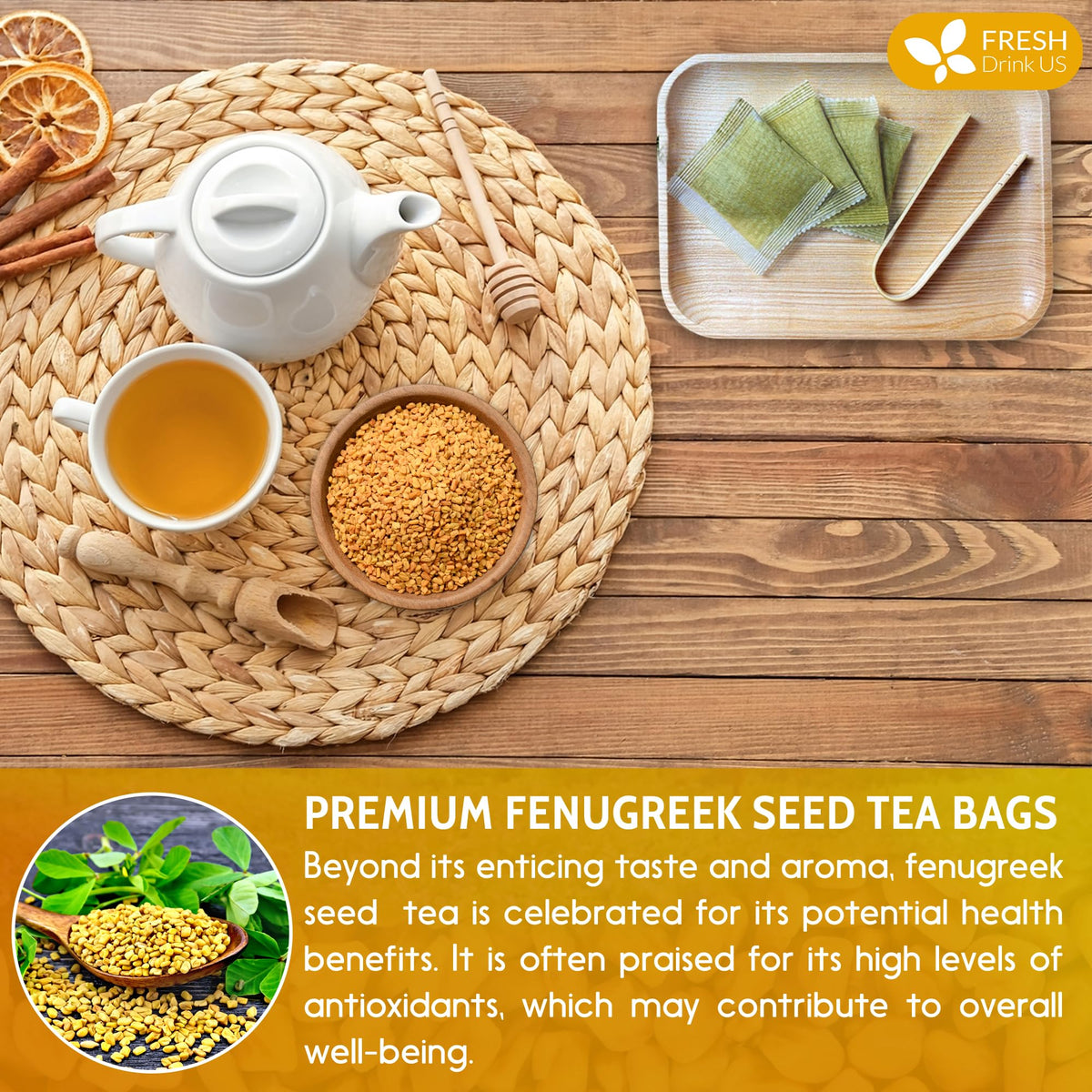 FreshDrinkUS iced fenugreek tea served cold as a caffeine-free option.