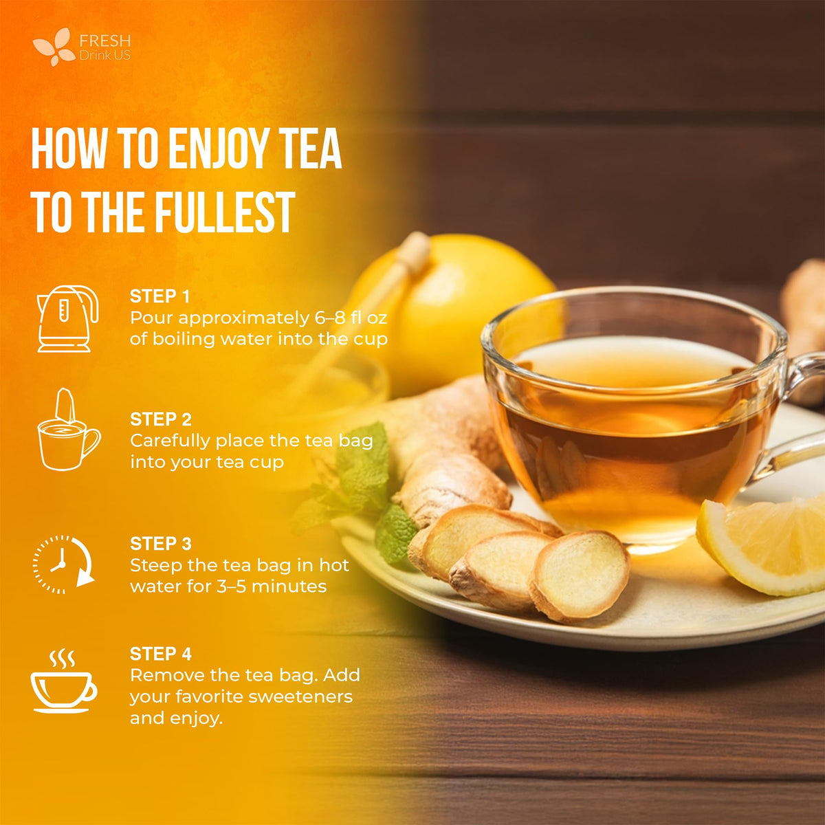 Fresh DrinkUS lemon-ginger aroma steam over hot cup