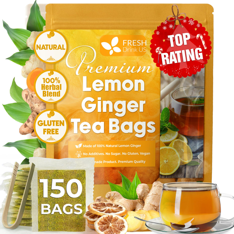 FreshDrinkUS lemon ginger tea bag closeup for a natural, caffeine-free moment