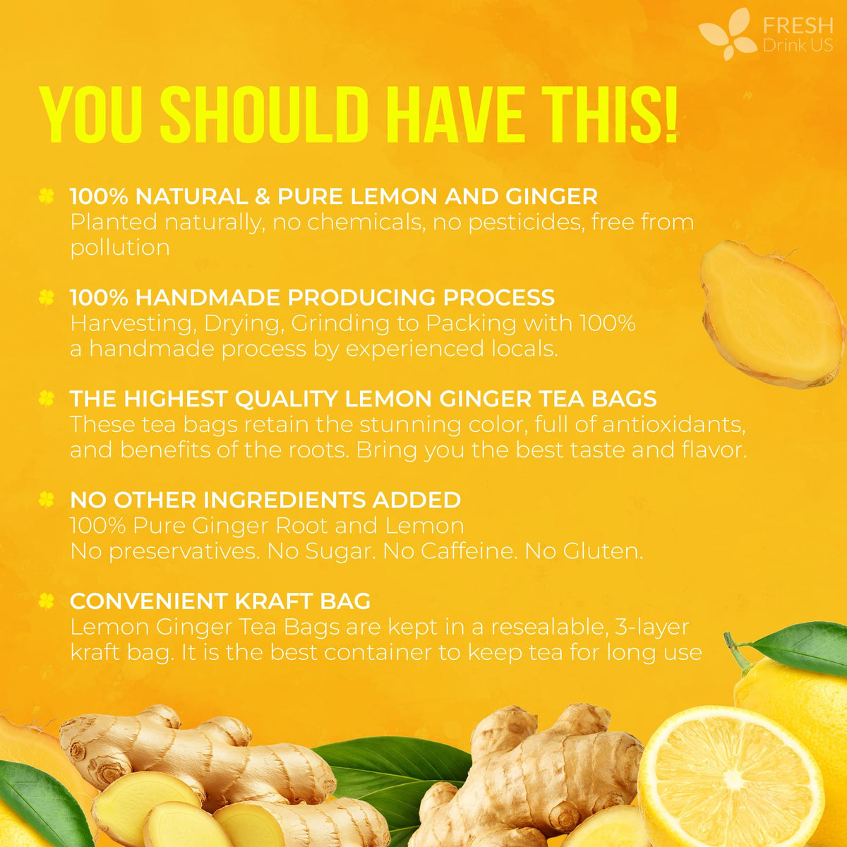 FreshDrinkUS lemon-ginger tea bag packaging highlighting eco-friendly materials