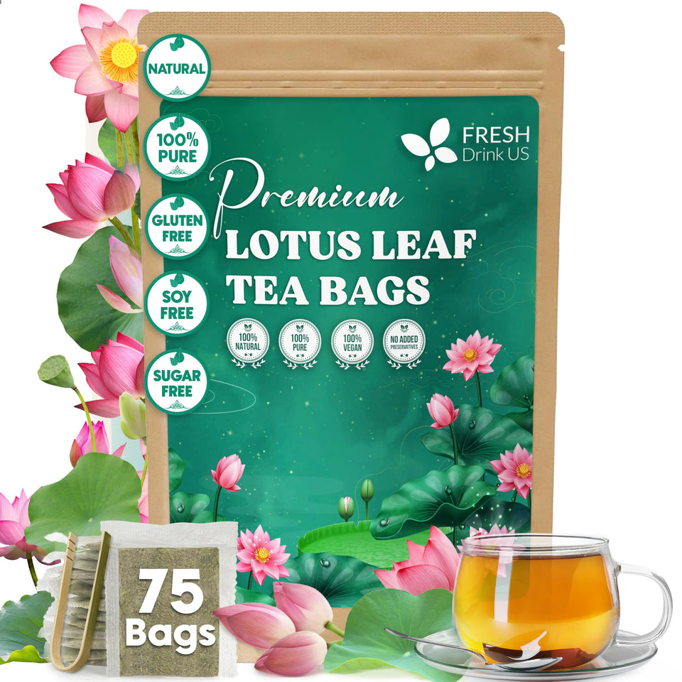FRESHDRINKUS lotus leaf tea bags close-up show pure leaves and earthy aroma.